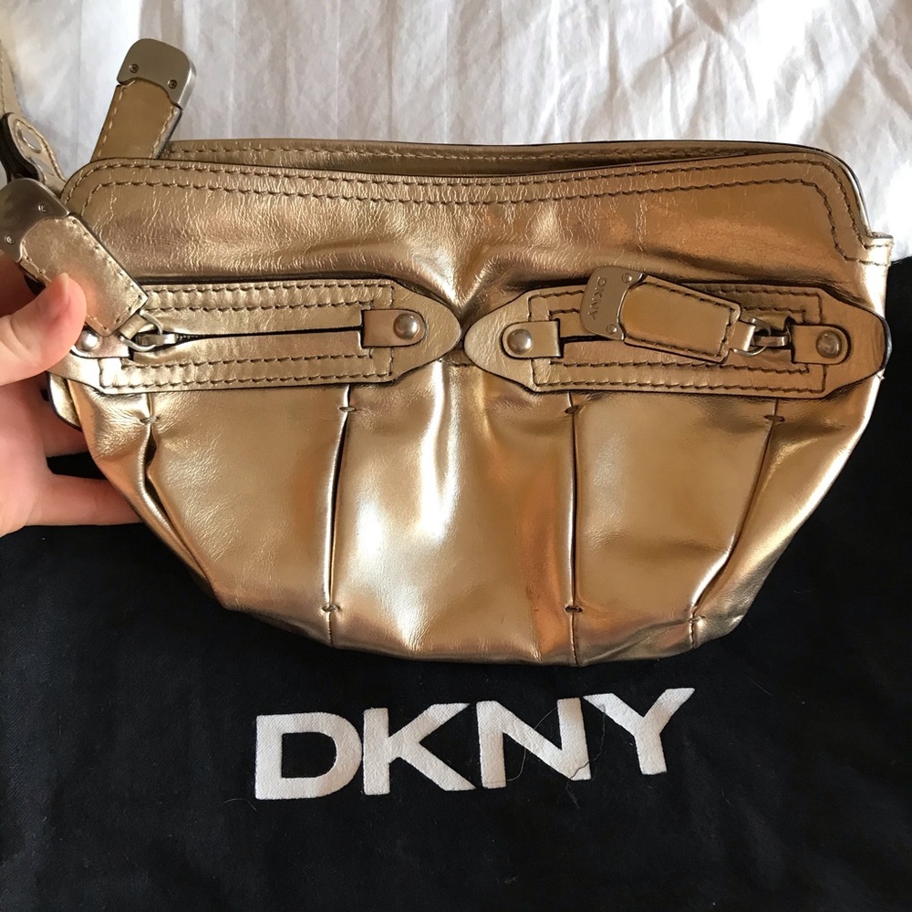 Gold leather clutch DKNY